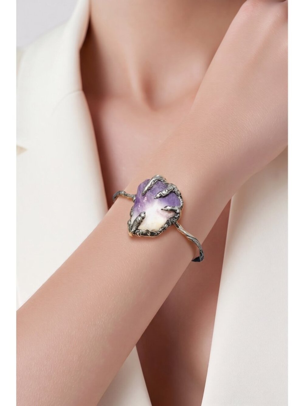 Amethyst Claw Cuff Bracelet - Silver Blend Boho Metalwork | Alma Antigua - Picture 7 of 14